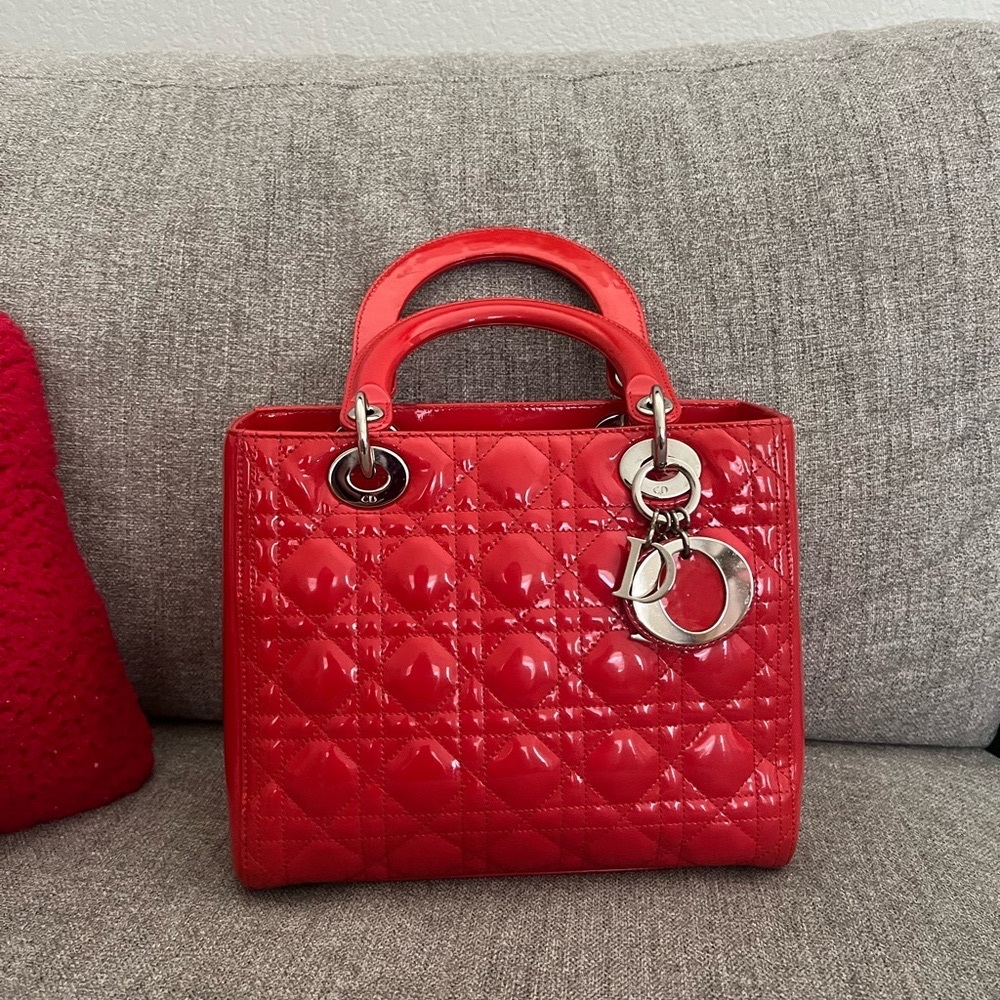 Christian Dior - Lady Dior Red Medium Handbag with Silver